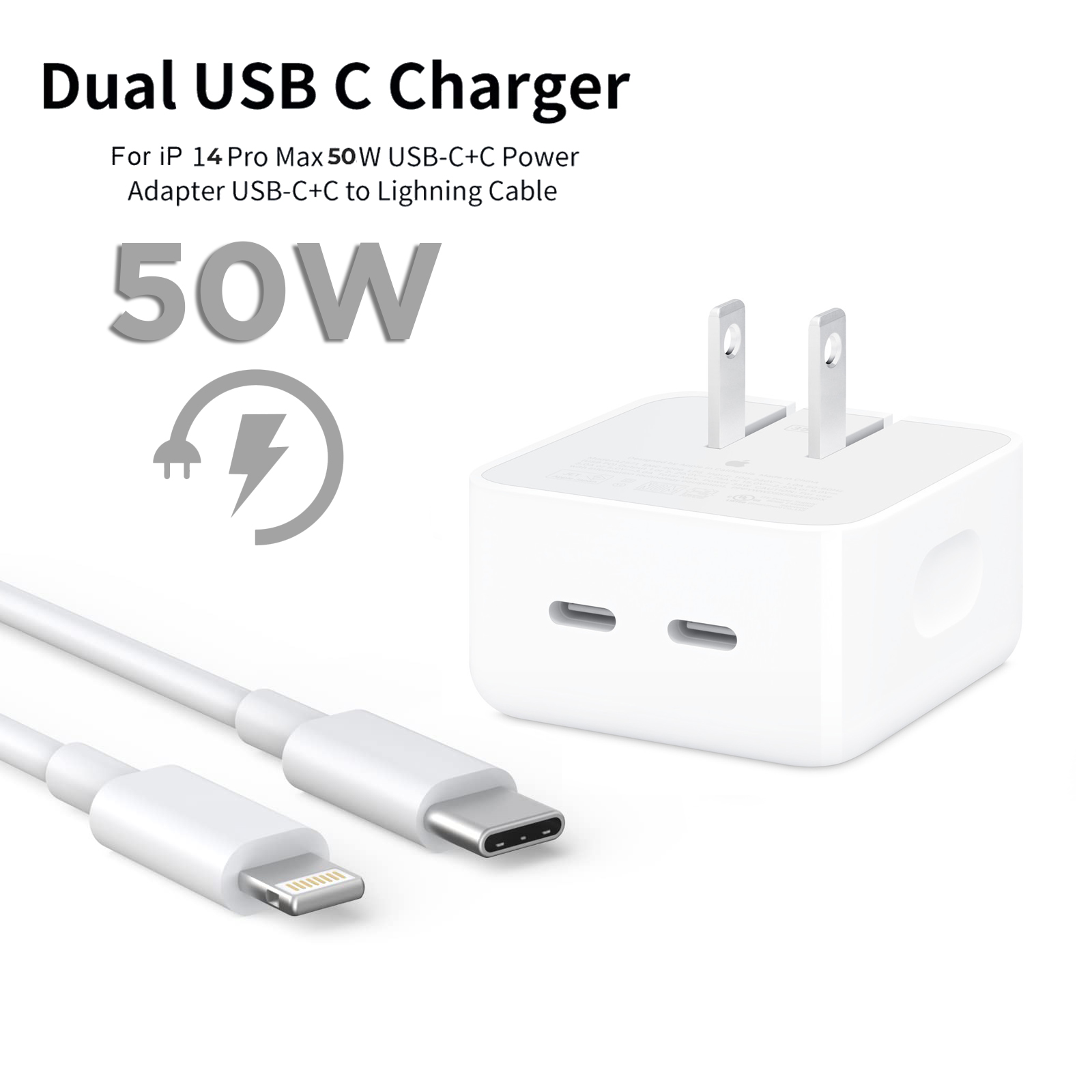 Iphone 14 Pro 2 Pin Us Pin 50w Usb Cc Power Adapter With Usb C To Lightining Cable